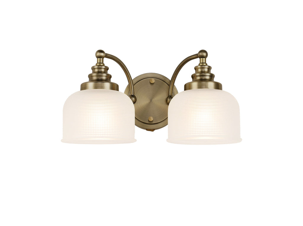 Luminosity Designs - Antique Brass Sledmere Double Wall Light, Switched, 2 x E27, Glass Shade - Luminosity Designs Ltd