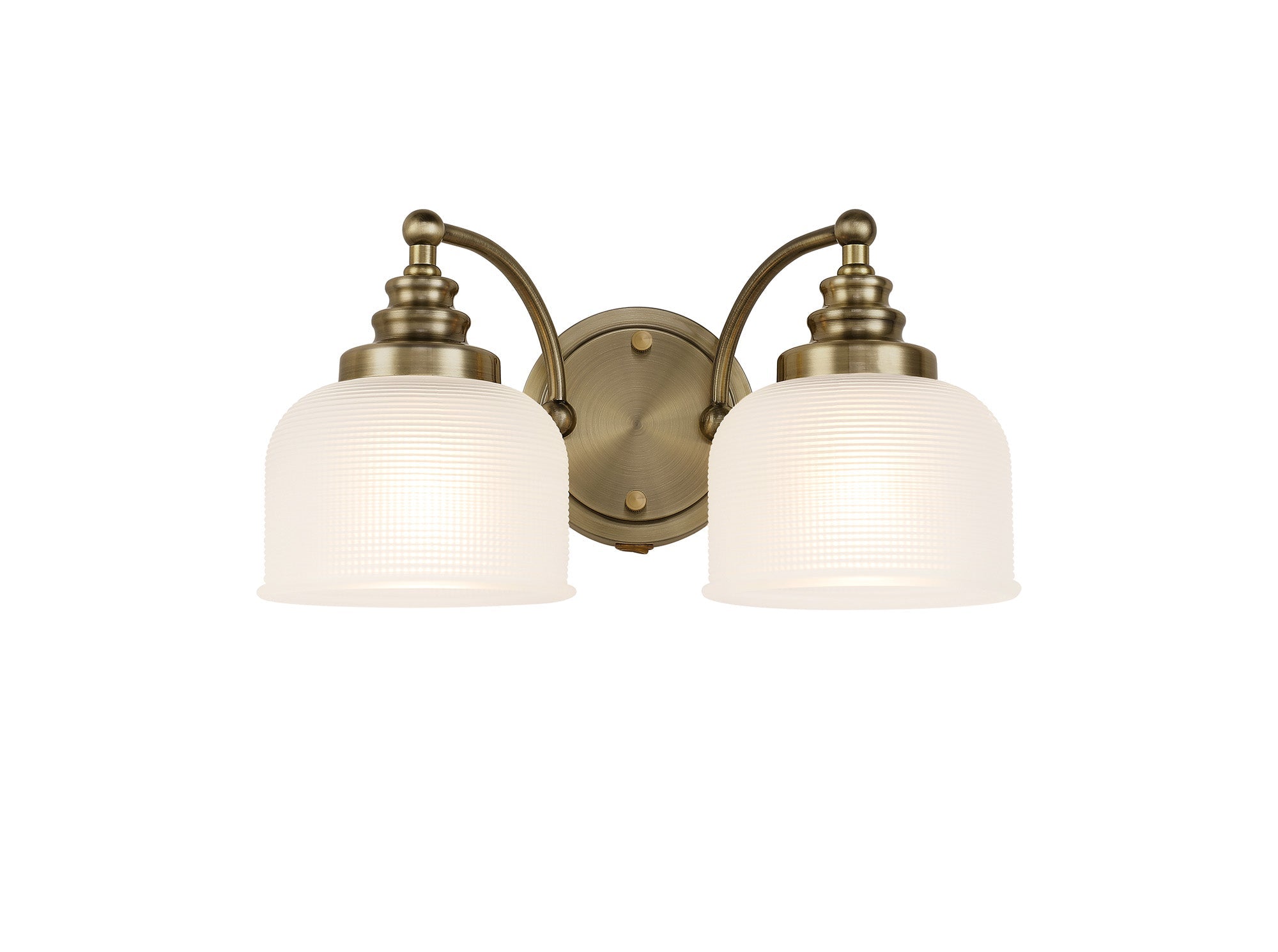 Luminosity Designs - Antique Brass Sledmere Double Wall Light, Switched, 2 x E27, Glass Shade - Luminosity Designs Ltd