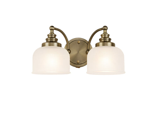 Luminosity Designs - Antique Brass Sledmere Double Wall Light, Switched, 2 x E27, Glass Shade - Luminosity Designs Ltd