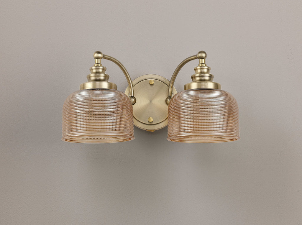 Luminosity Designs - Antique Brass Sledmere Double Wall Light, Switched, 2 x E27, Glass Shade - Luminosity Designs Ltd