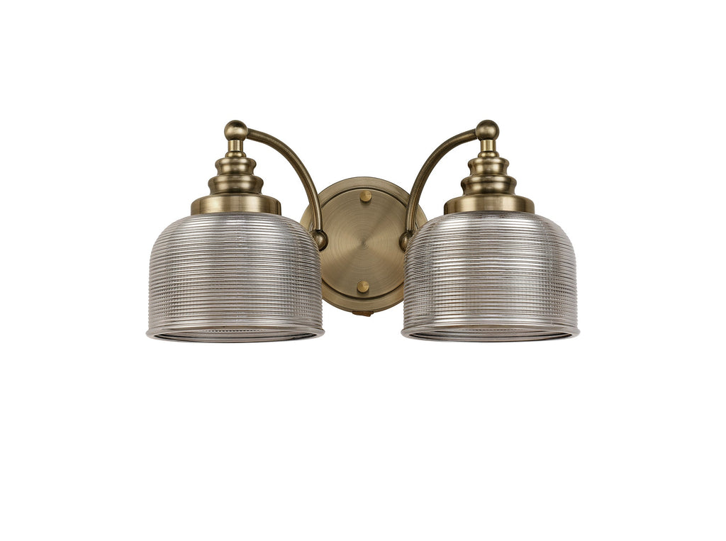 Luminosity Designs - Antique Brass Sledmere Double Wall Light, Switched, 2 x E27, Glass Shade - Luminosity Designs Ltd