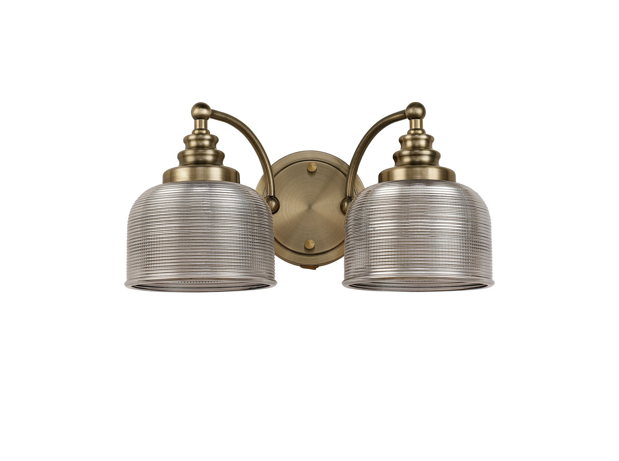 Luminosity Designs - Antique Brass Sledmere Double Wall Light, Switched, 2 x E27, Glass Shade - Luminosity Designs Ltd