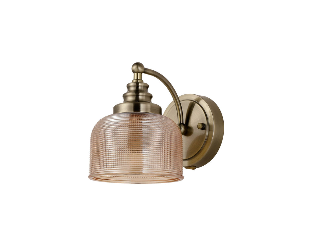 Luminosity Designs - Antique Brass Sledmere Single Wall Light, Switched, 1 x E27, Glass Shade - Luminosity Designs Ltd
