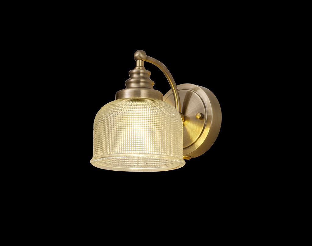Luminosity Designs - Antique Brass Sledmere Single Wall Light, Switched, 1 x E27, Glass Shade - Luminosity Designs Ltd