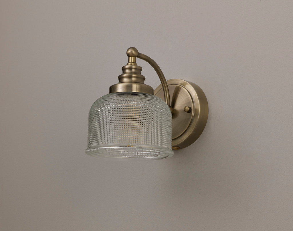 Luminosity Designs - Antique Brass Sledmere Single Wall Light, Switched, 1 x E27, Glass Shade - Luminosity Designs Ltd