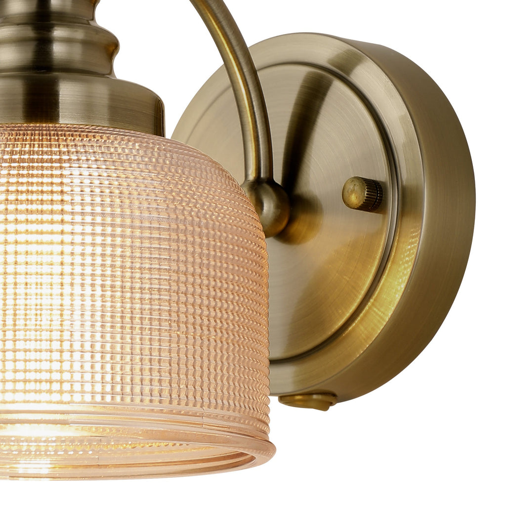 Luminosity Designs - Antique Brass Sledmere Single Wall Light, Switched, 1 x E27, Glass Shade - Luminosity Designs Ltd
