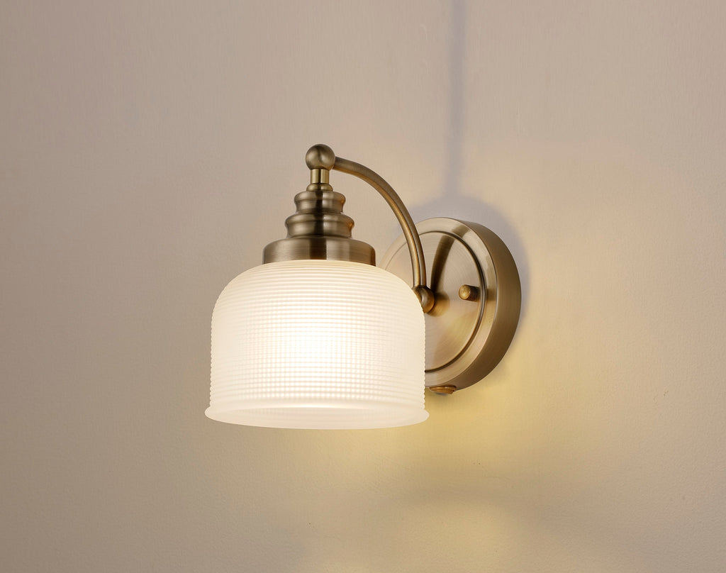 Luminosity Designs - Antique Brass Sledmere Single Wall Light, Switched, 1 x E27, Glass Shade - Luminosity Designs Ltd