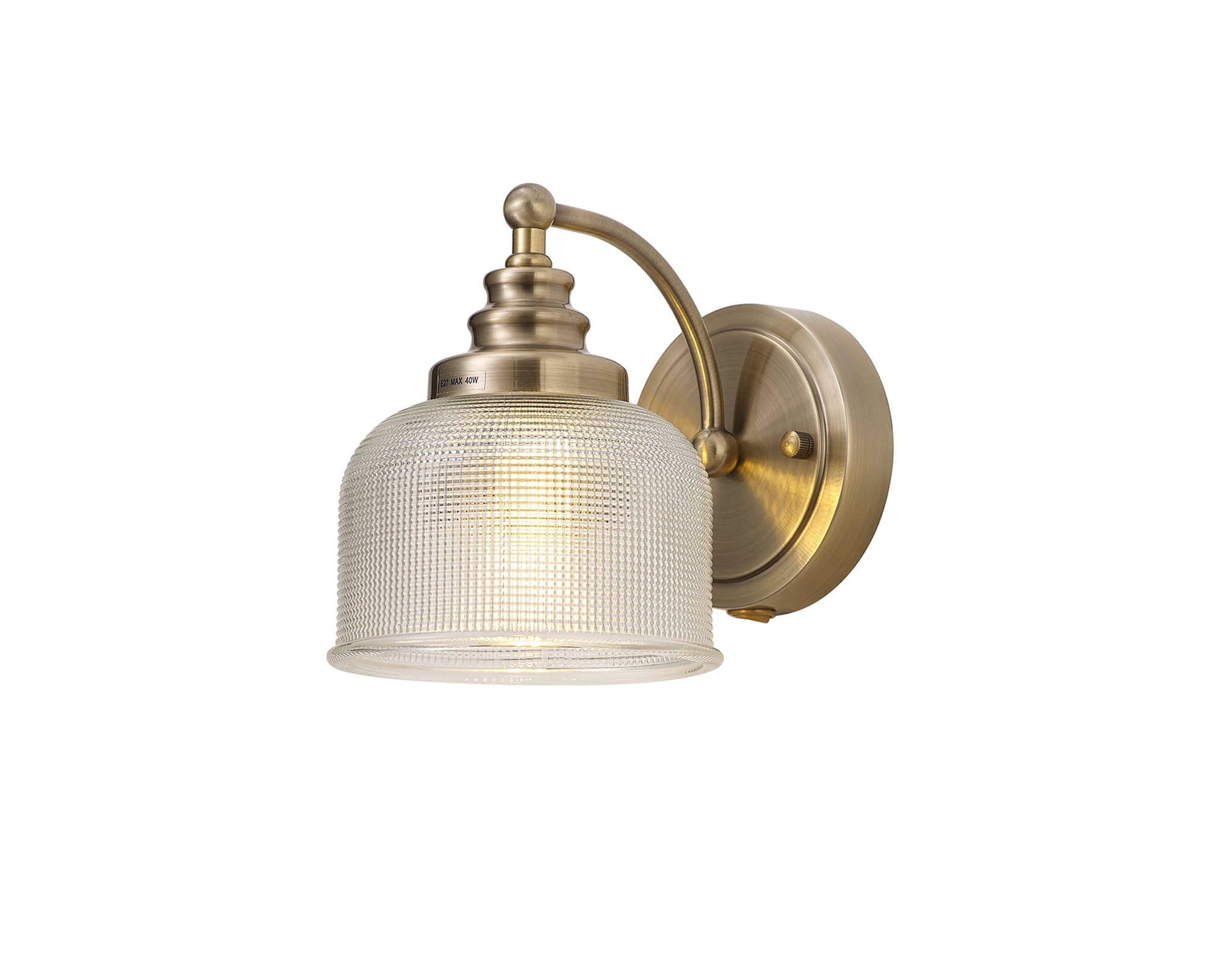 Luminosity Designs - Antique Brass Sledmere Single Wall Light, Switched, 1 x E27, Glass Shade - Luminosity Designs Ltd
