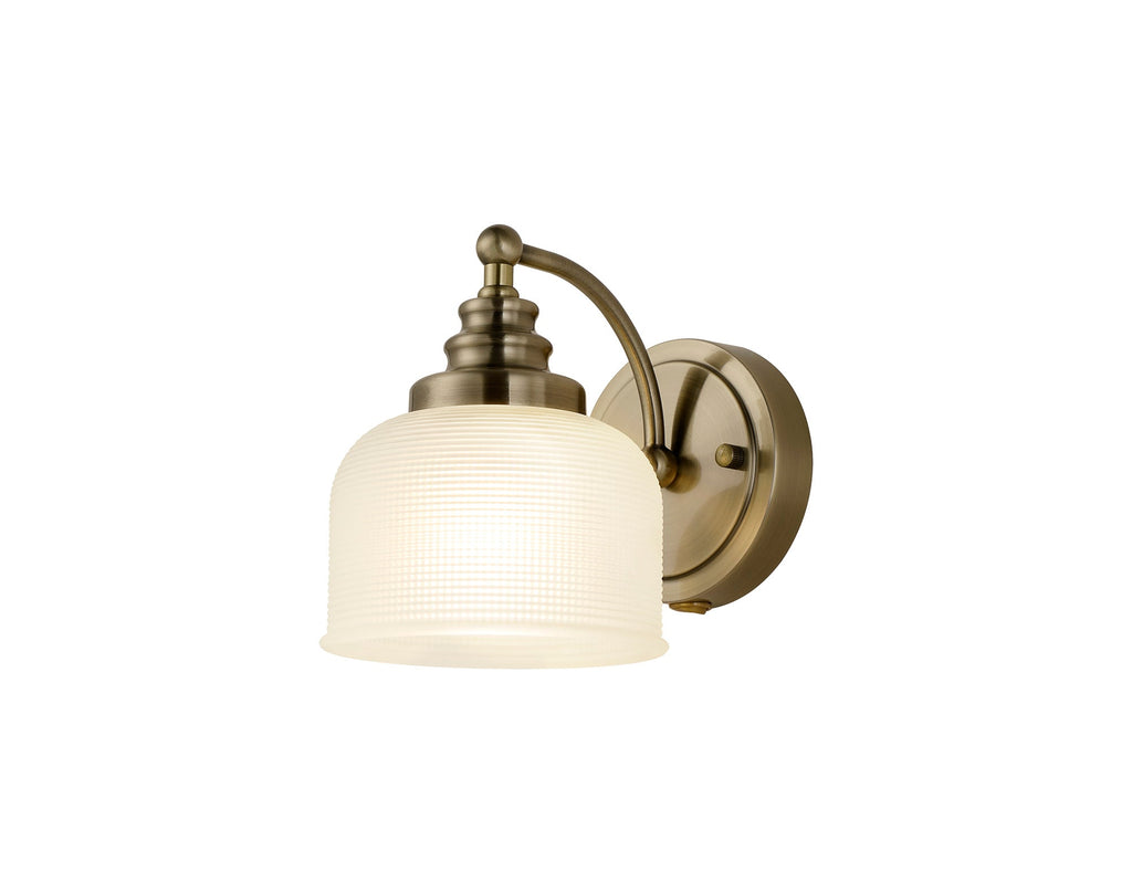 Luminosity Designs - Antique Brass Sledmere Single Wall Light, Switched, 1 x E27, Glass Shade - Luminosity Designs Ltd