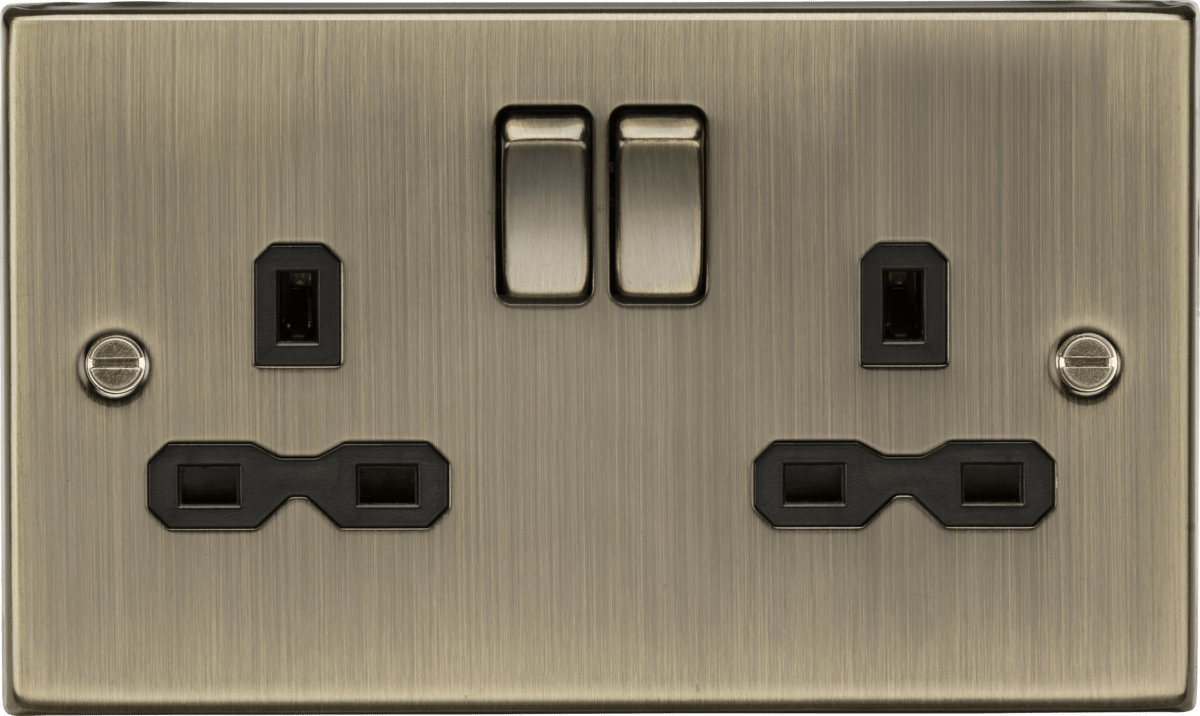 Knightsbridge - Antique Brass Squared Edge 13A 2G DP Switched Socket with Twin Earths - Luminosity Designs Ltd
