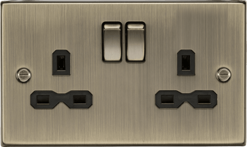 Knightsbridge - Antique Brass Squared Edge 13A 2G DP Switched Socket with Twin Earths - Luminosity Designs Ltd