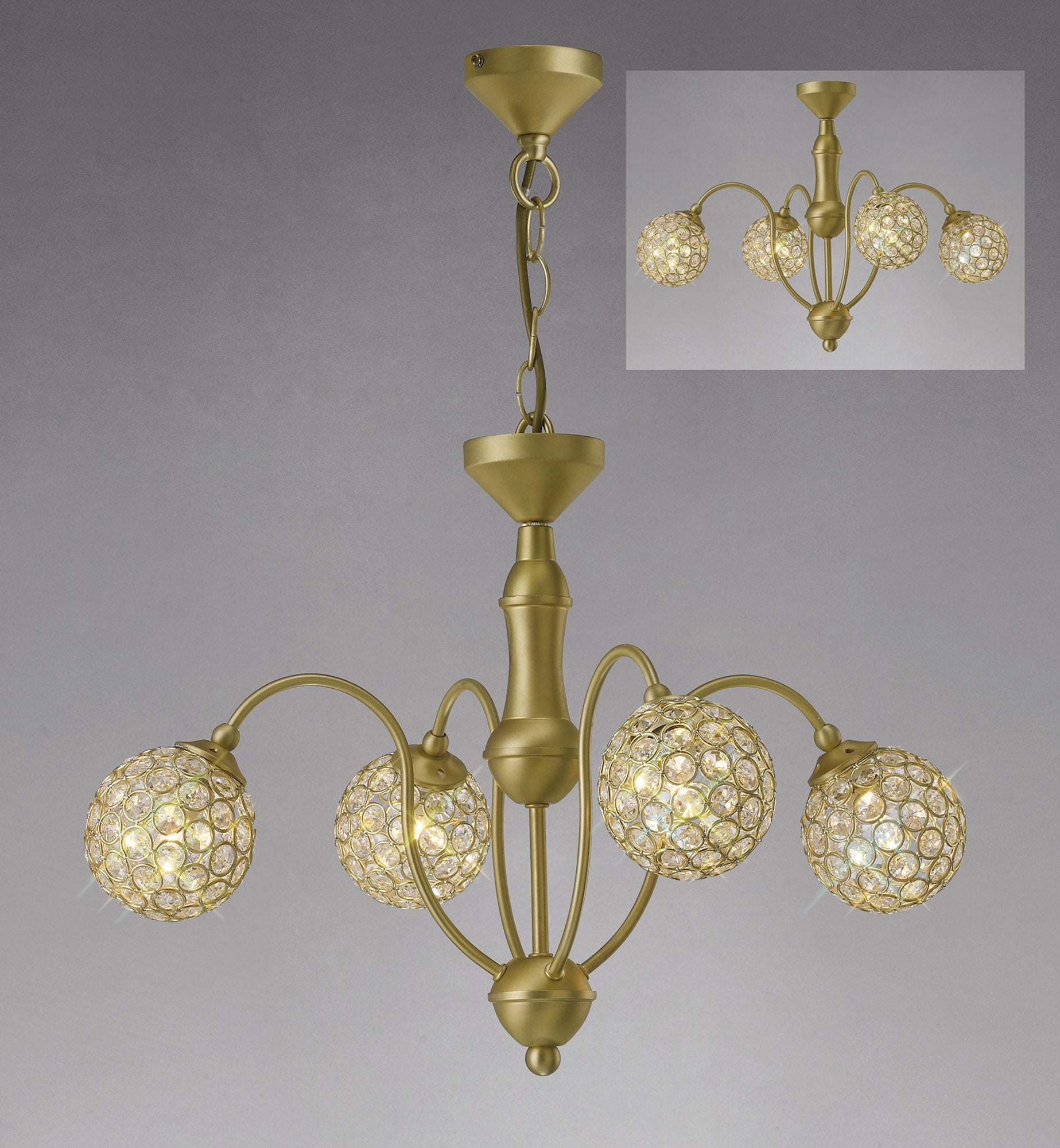 Diyas - Apollo Pendant 4 Light in Satin Brass with Crystal Details (Diyas IL20691) - Luminosity Designs Ltd