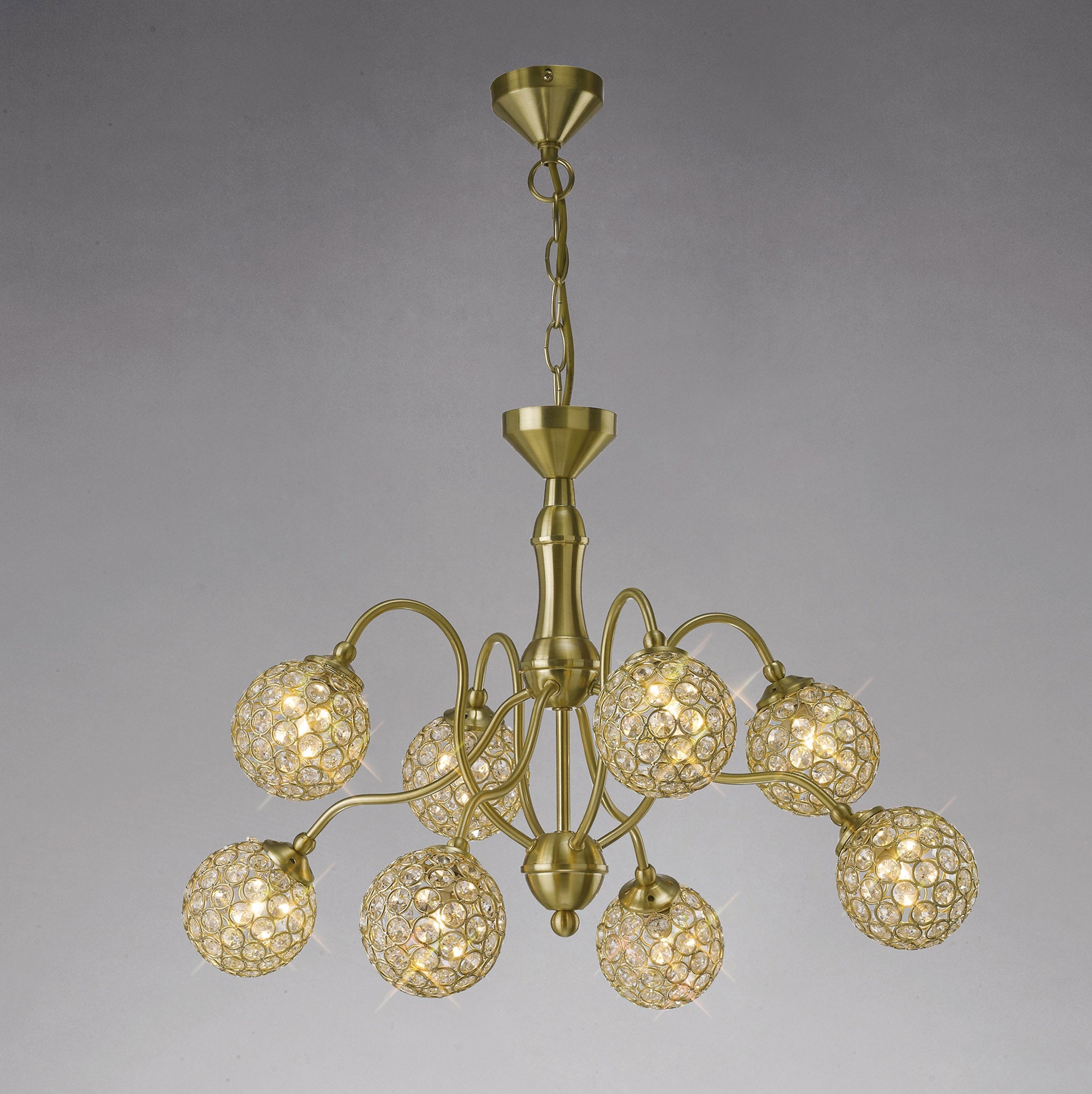 Diyas - Apollo Pendant 8 Light Satin Brass with Crystal Buttons (Diyas IL20692) - Luminosity Designs Ltd