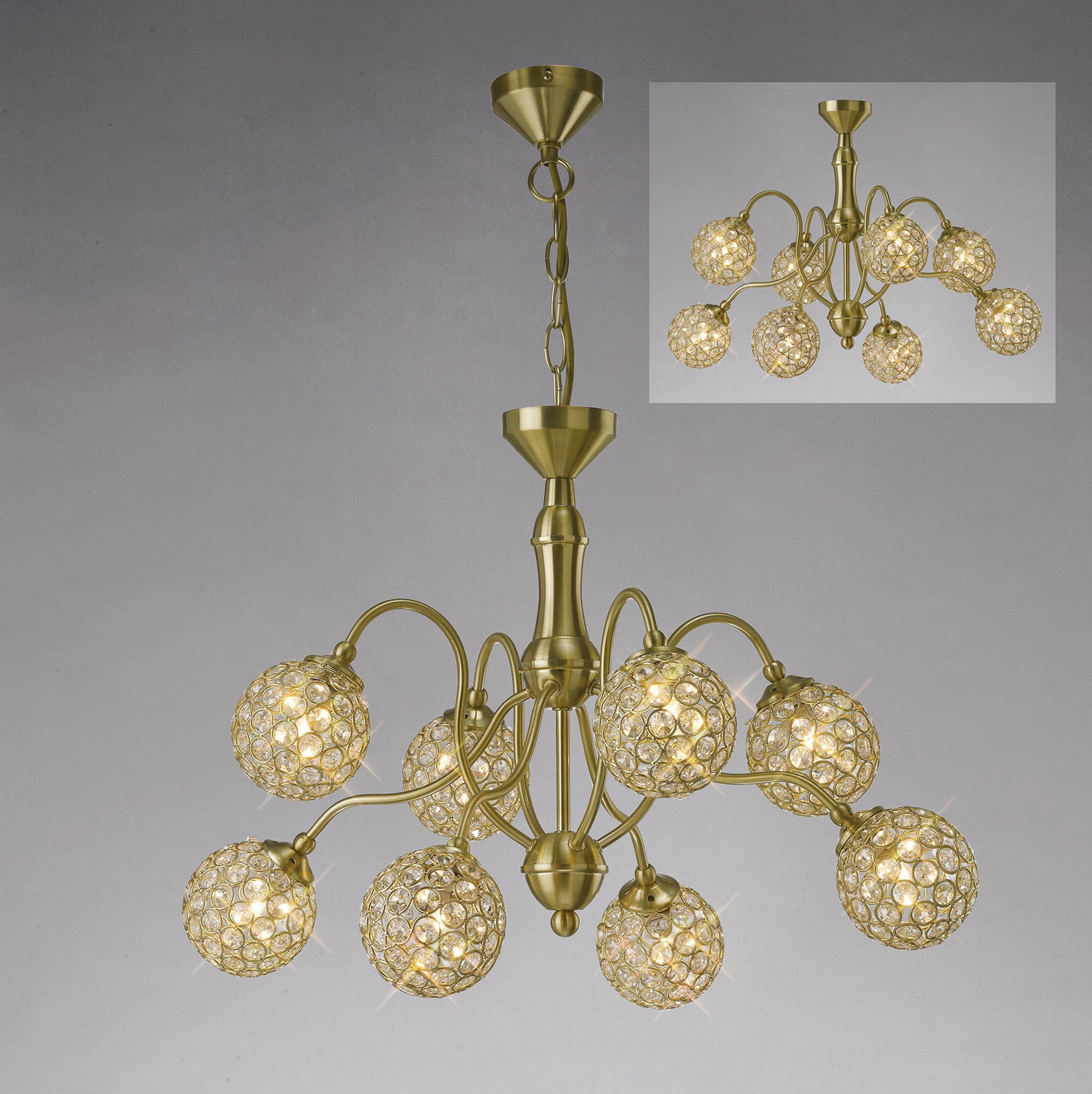 Diyas - Apollo Pendant 8 Light Satin Brass with Crystal Buttons (Diyas IL20692) - Luminosity Designs Ltd