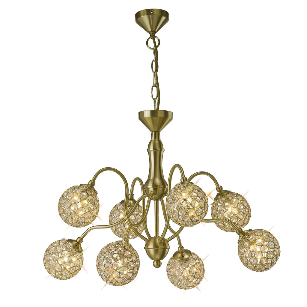 Diyas - Apollo Pendant 8 Light Satin Brass with Crystal Buttons (Diyas IL20692) - Luminosity Designs Ltd