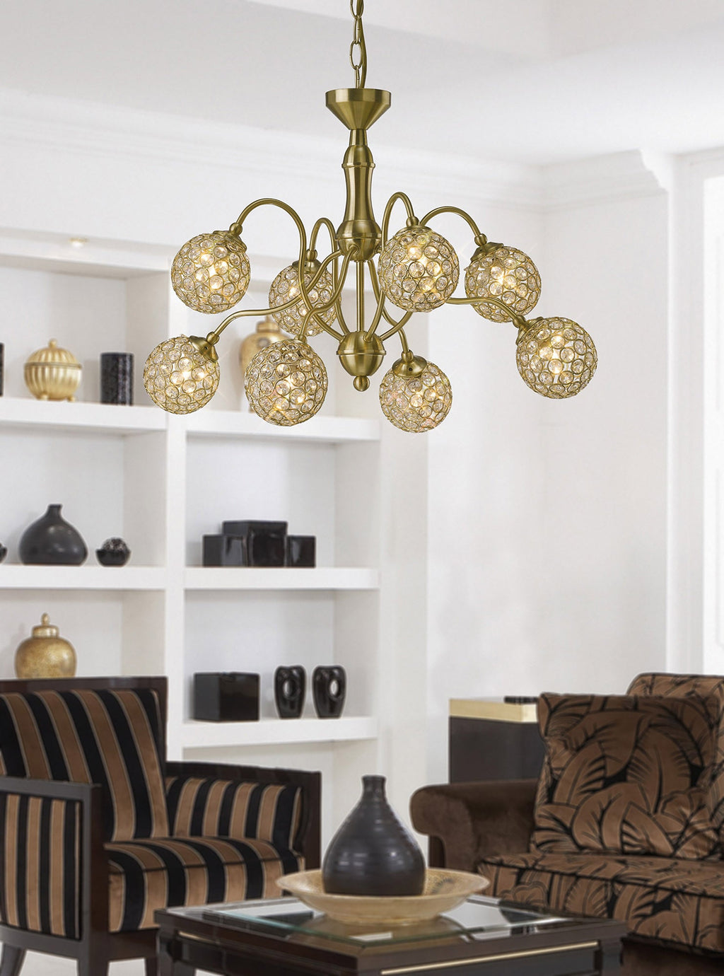 Diyas - Apollo Pendant 8 Light Satin Brass with Crystal Buttons (Diyas IL20692) - Luminosity Designs Ltd