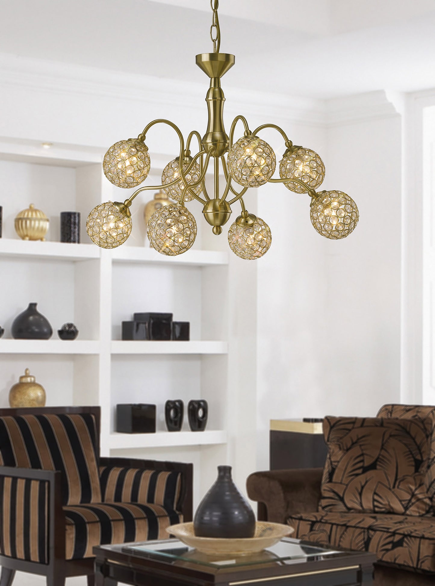 Apollo Pendant 8 Light Satin Brass with Crystal Buttons  (Diyas IL20692)