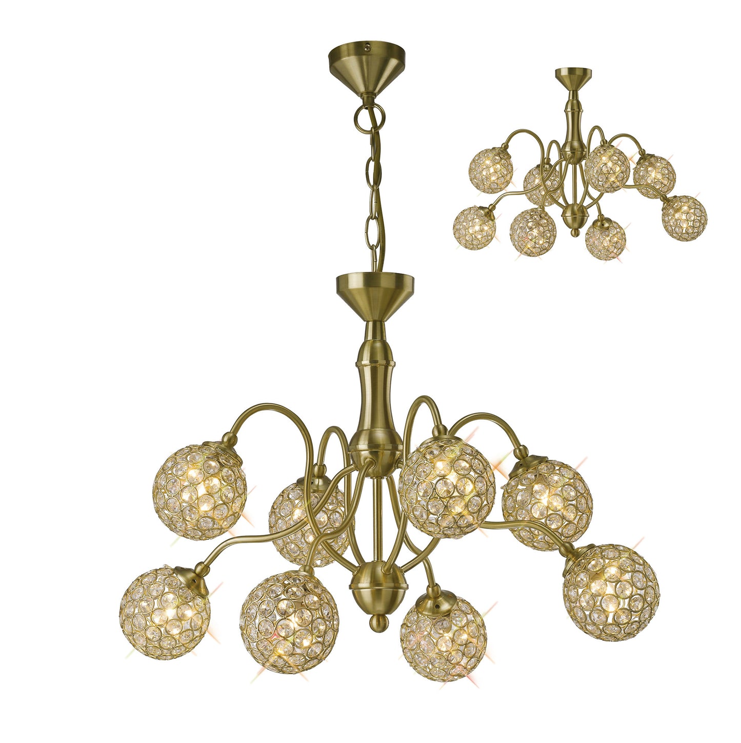 Apollo Pendant 8 Light Satin Brass with Crystal Buttons  (Diyas IL20692)