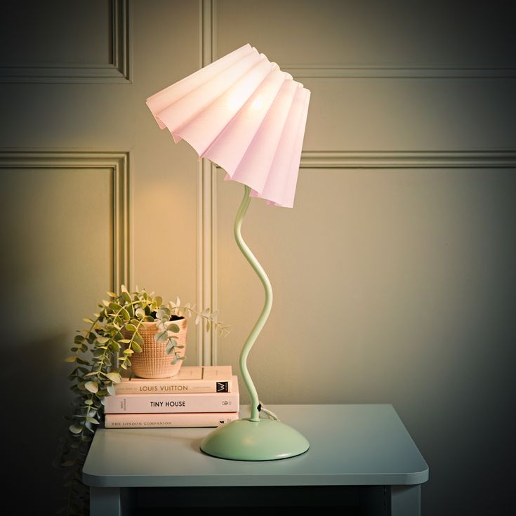 Green Wiggle Table Lamp with Lilac Pleated Tapered Shade