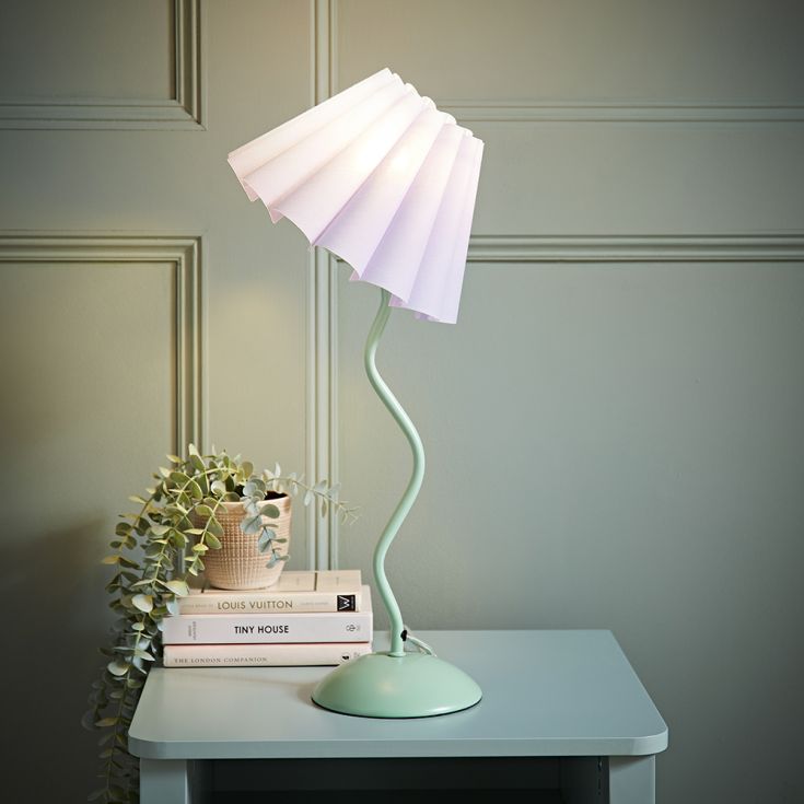 Green Wiggle Table Lamp with Lilac Pleated Tapered Shade
