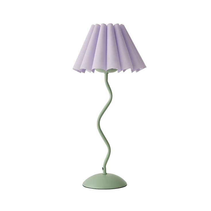 Green Wiggle Table Lamp with Lilac Pleated Tapered Shade