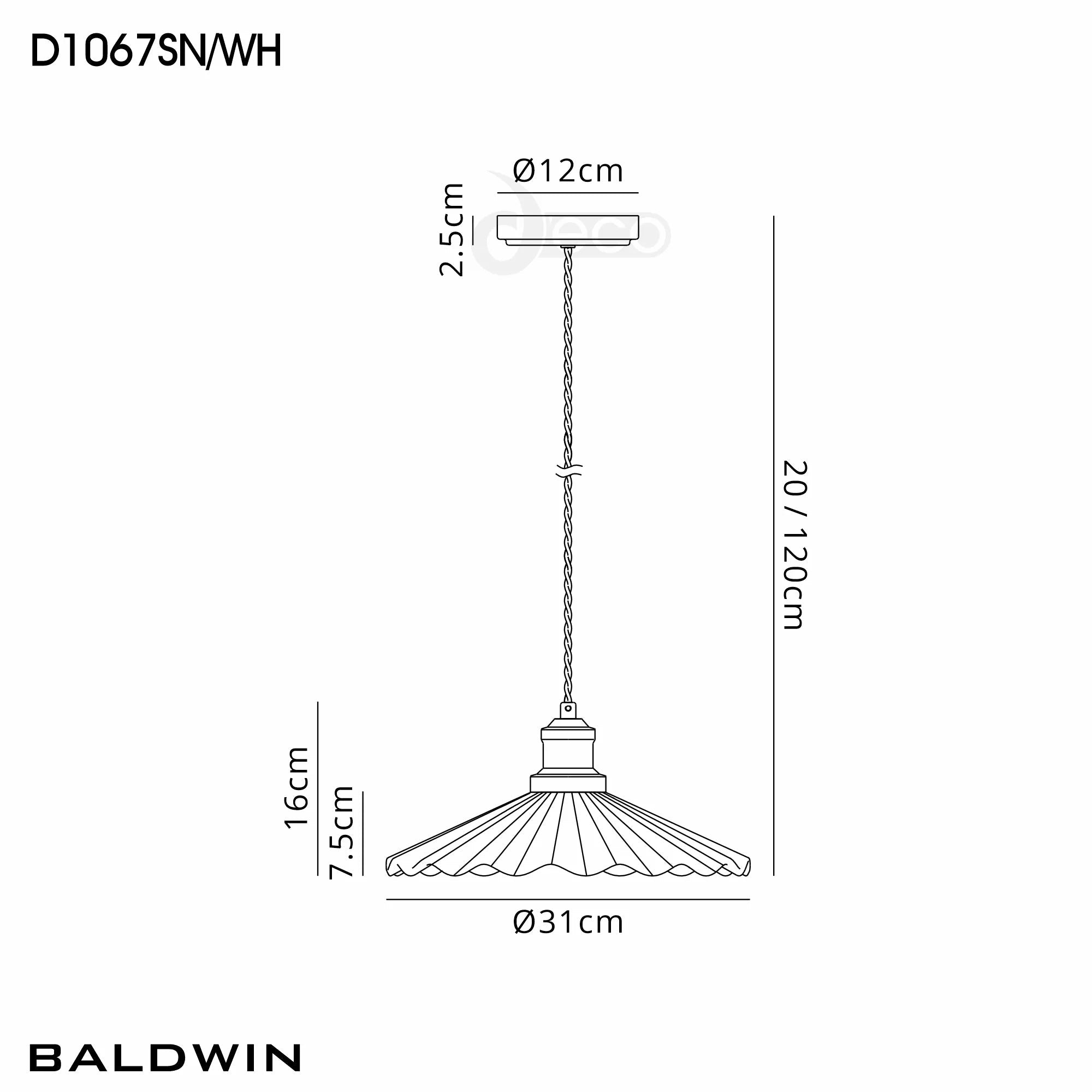 inspired - Baldwin Vintage Style 31cm Single Pendant, 1 x E27, Satin Nickel/White Ceramic Shade - Luminosity Designs Ltd