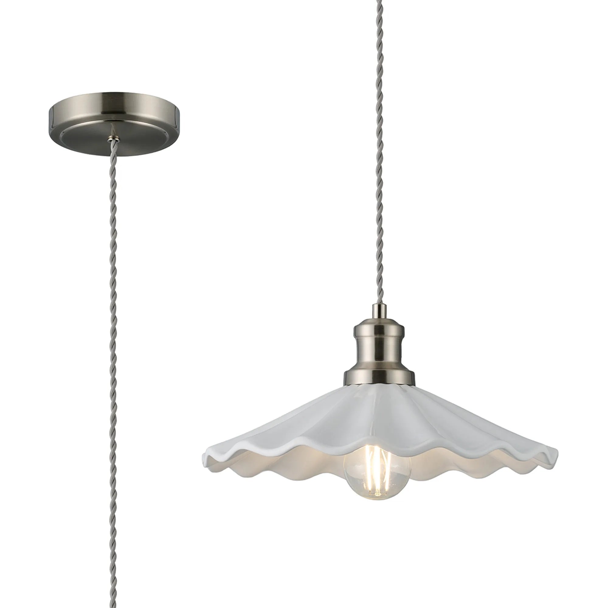inspired - Baldwin Vintage Style 31cm Single Pendant, 1 x E27, Satin Nickel/White Ceramic Shade - Luminosity Designs Ltd