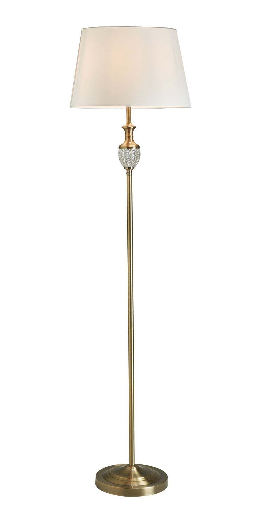 Balloch Antique Brass Floor Lamp with Cut Glass Stem and White Cotton Shade (Oaks FL7516 AB) - Luminosity Designs Ltd
