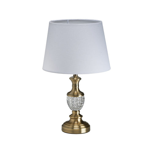 Balloch Antique Brass Table Lamp with Cut Glass Stem and White Cotton Shade (Oaks TL 7515 AB) - Luminosity Designs Ltd