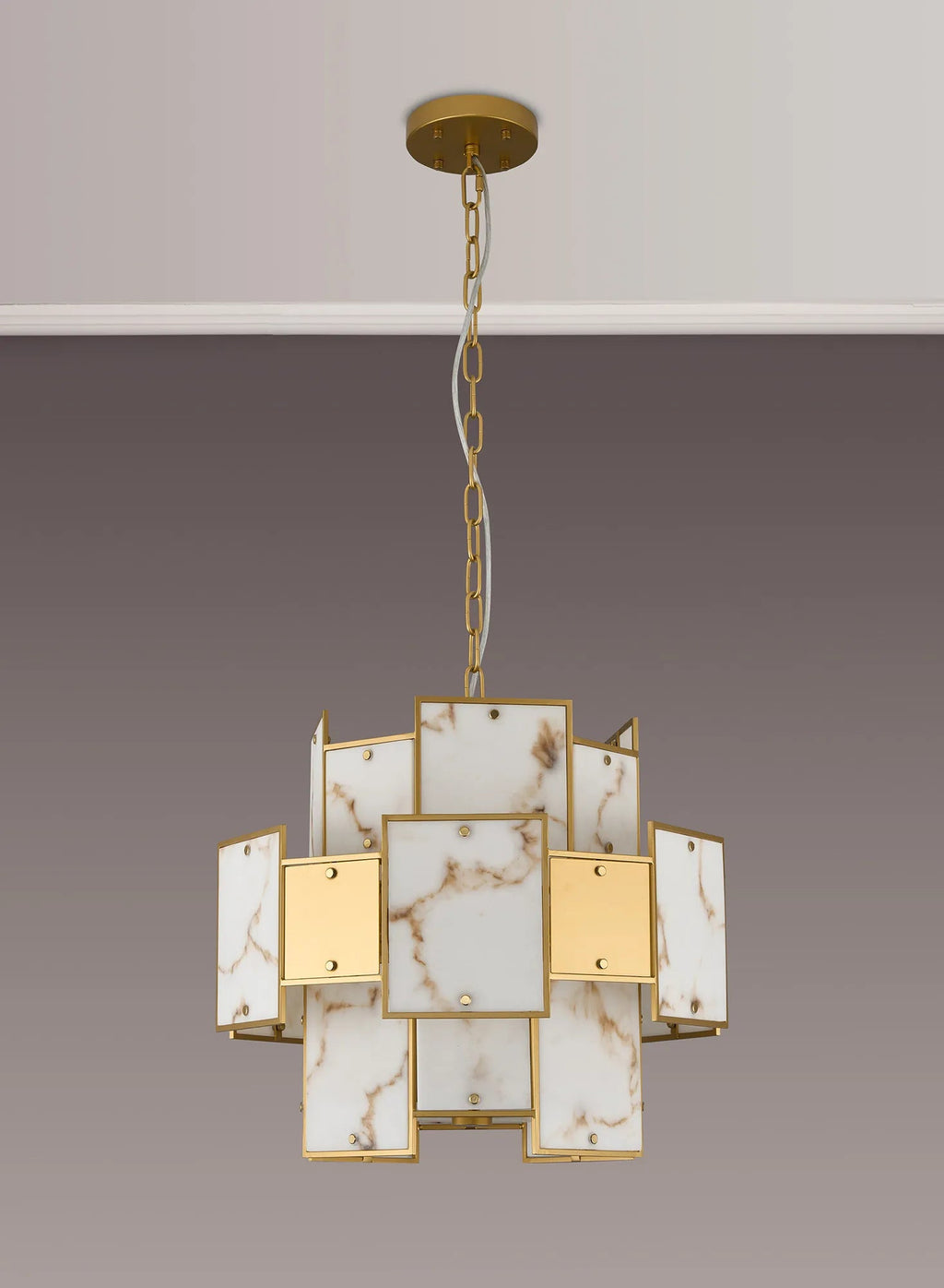 Luminosity Designs Ltd - Bardot 45cm Round Pendant/Semi Flush Faux Alabaster & Metal Panel Art Deco Style Light, 7 x E14, 1m Chain - Luminosity Designs Ltd