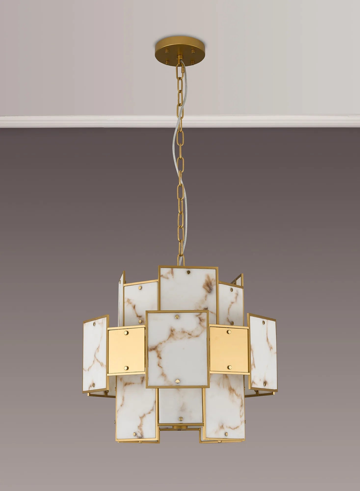 Luminosity Designs Ltd - Bardot 45cm Round Pendant/Semi Flush Faux Alabaster & Metal Panel Art Deco Style Light, 7 x E14, 1m Chain - Luminosity Designs Ltd