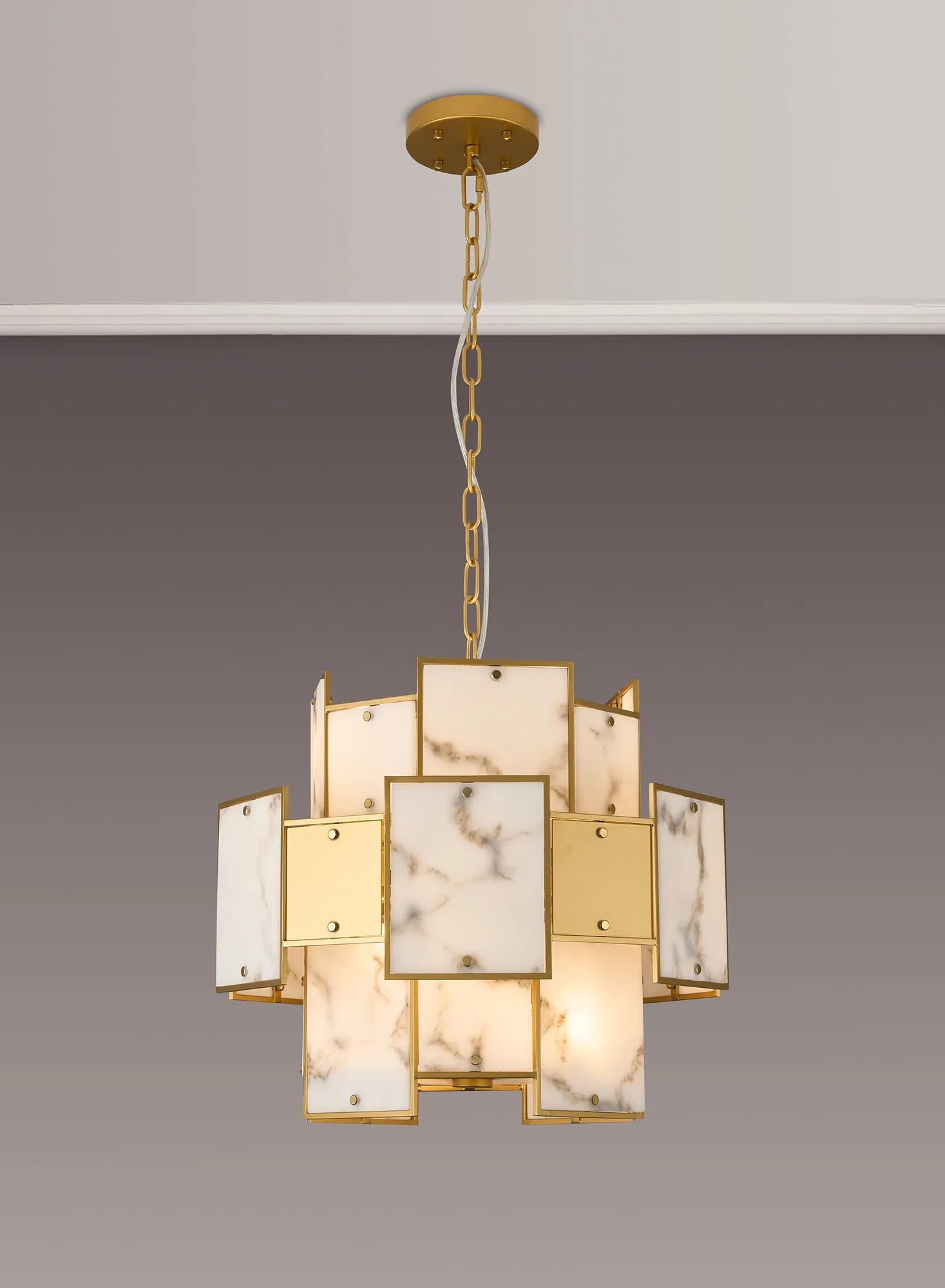 Luminosity Designs Ltd - Bardot 45cm Round Pendant/Semi Flush Faux Alabaster & Metal Panel Art Deco Style Light, 7 x E14, 1m Chain - Luminosity Designs Ltd