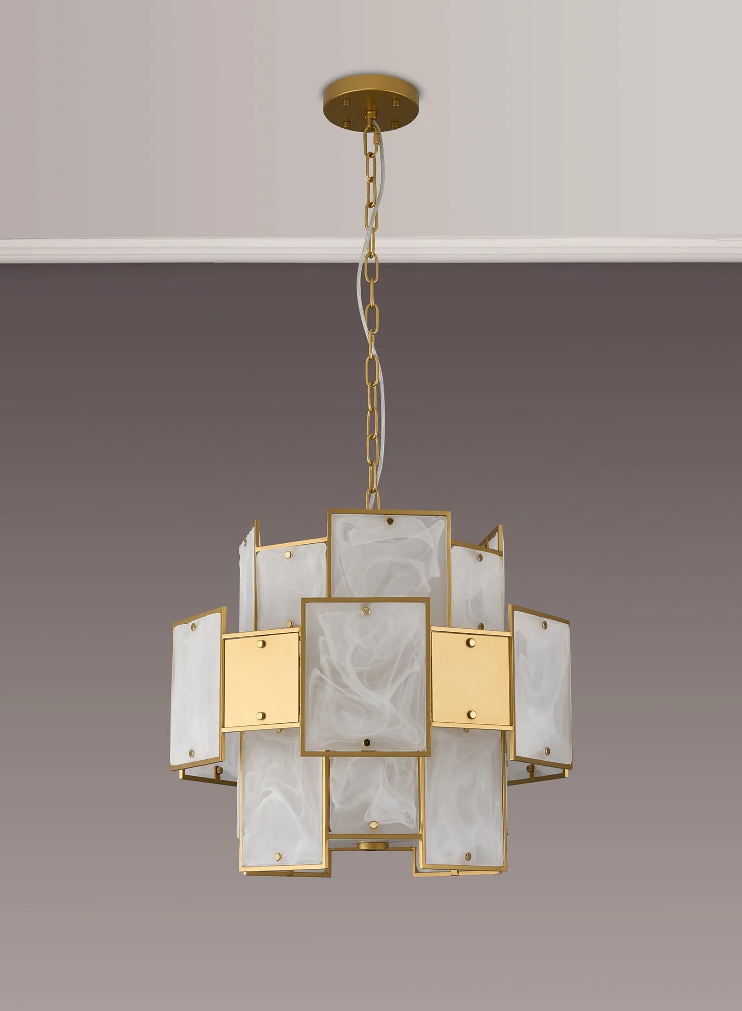Luminosity Designs Ltd - Bardot 45cm Round Pendant/Semi Flush Faux Alabaster & Metal Panel Art Deco Style Light, 7 x E14, 1m Chain - Luminosity Designs Ltd