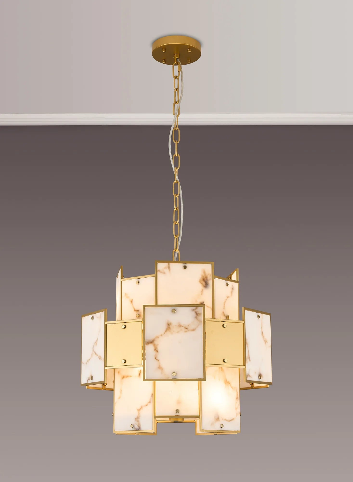 Luminosity Designs Ltd - Bardot 45cm Round Pendant/Semi Flush Faux Alabaster & Metal Panel Art Deco Style Light, 7 x E14, 1m Chain - Luminosity Designs Ltd