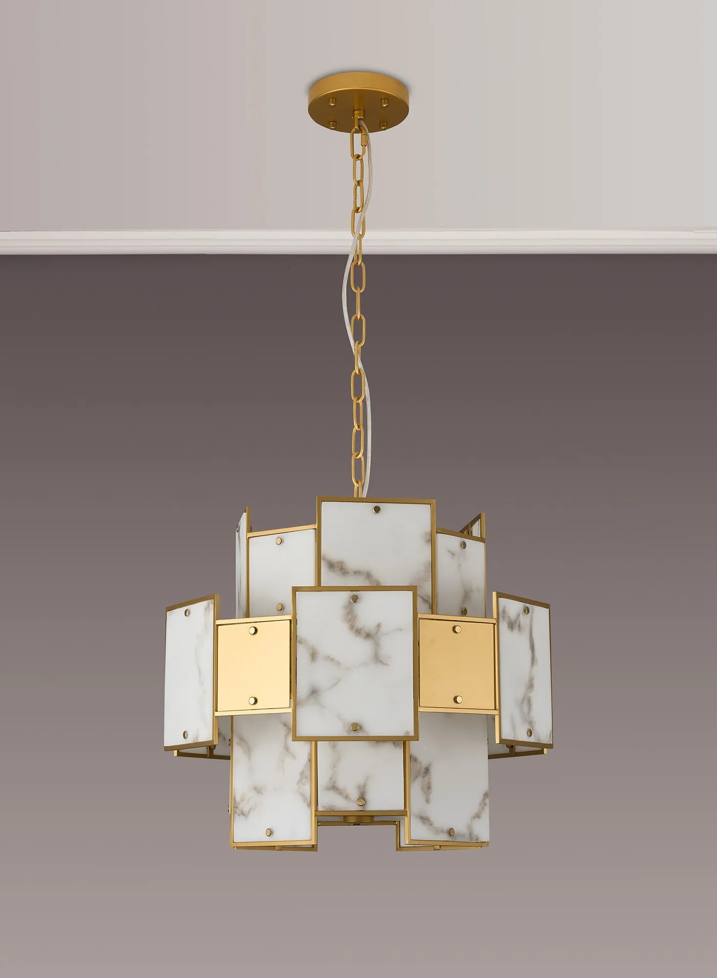 Luminosity Designs Ltd - Bardot 45cm Round Pendant/Semi Flush Faux Alabaster & Metal Panel Art Deco Style Light, 7 x E14, 1m Chain - Luminosity Designs Ltd