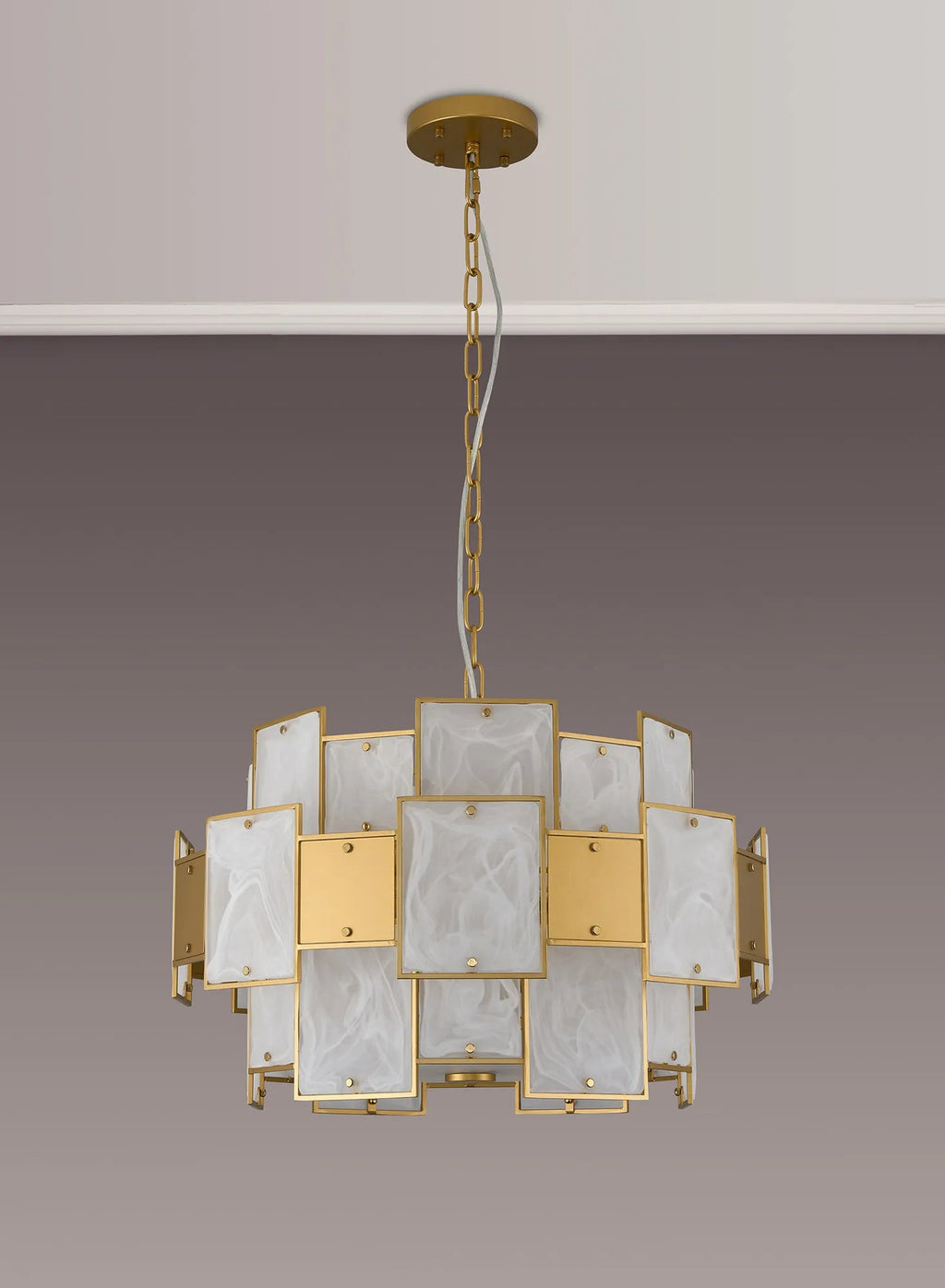 Luminosity Designs Ltd - Bardot 59cm Round Pendant/Semi Flush Faux Alabaster With Metal Panel Art Deco Style Light, 12 x E14, 1.5m Chain - Luminosity Designs Ltd