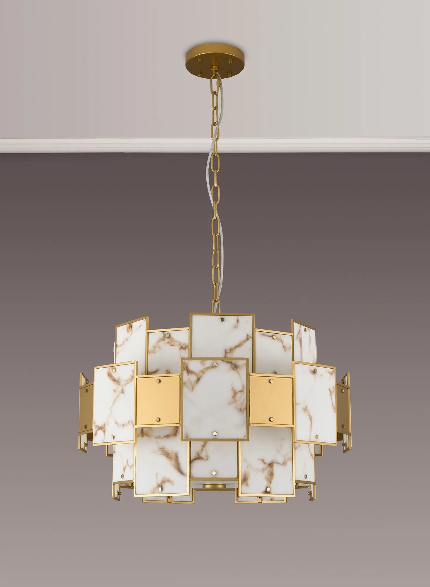 Luminosity Designs Ltd - Bardot 59cm Round Pendant/Semi Flush Faux Alabaster With Metal Panel Art Deco Style Light, 12 x E14, 1.5m Chain - Luminosity Designs Ltd