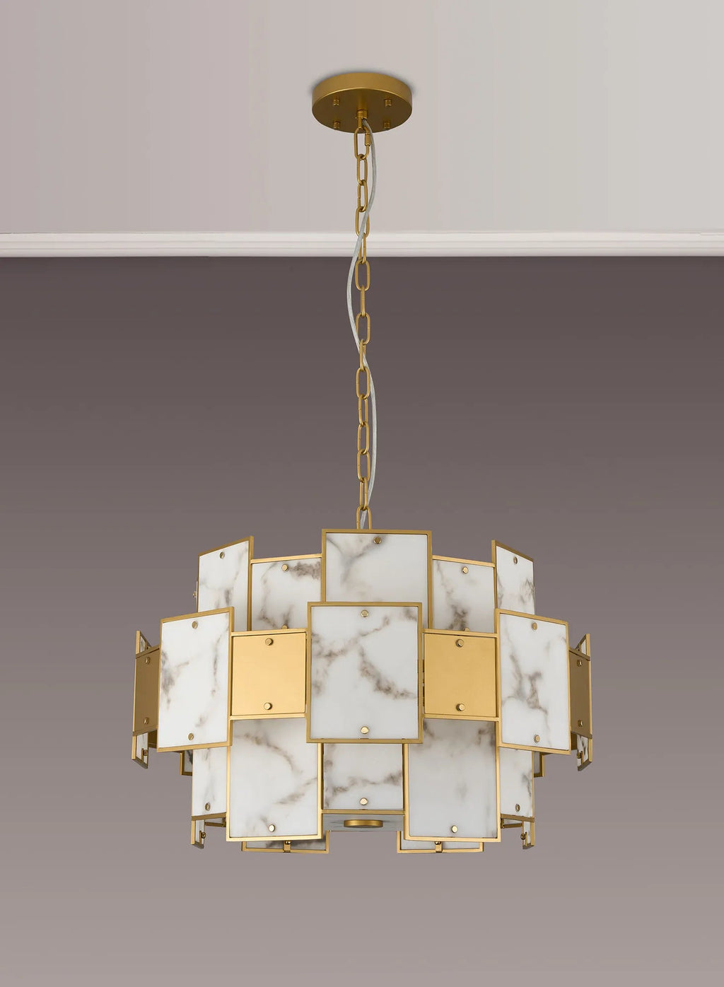 Luminosity Designs Ltd - Bardot 59cm Round Pendant/Semi Flush Faux Alabaster With Metal Panel Art Deco Style Light, 12 x E14, 1.5m Chain - Luminosity Designs Ltd