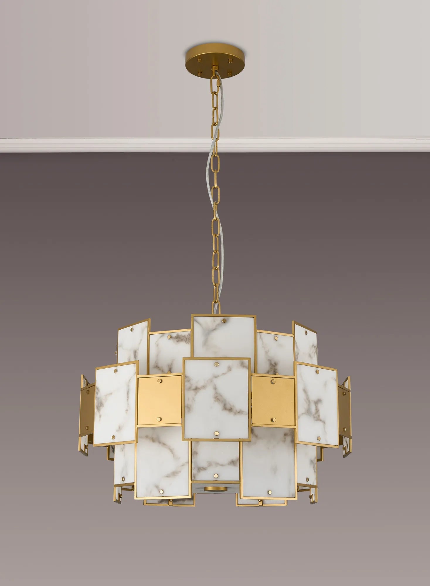 Luminosity Designs Ltd - Bardot 59cm Round Pendant/Semi Flush Faux Alabaster With Metal Panel Art Deco Style Light, 12 x E14, 1.5m Chain - Luminosity Designs Ltd