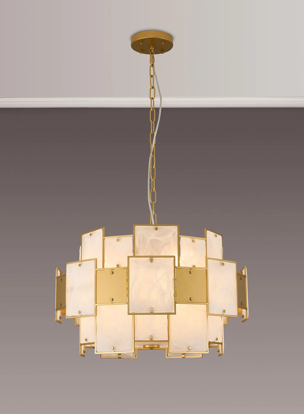 Luminosity Designs Ltd - Bardot 59cm Round Pendant/Semi Flush Faux Alabaster With Metal Panel Art Deco Style Light, 12 x E14, 1.5m Chain - Luminosity Designs Ltd