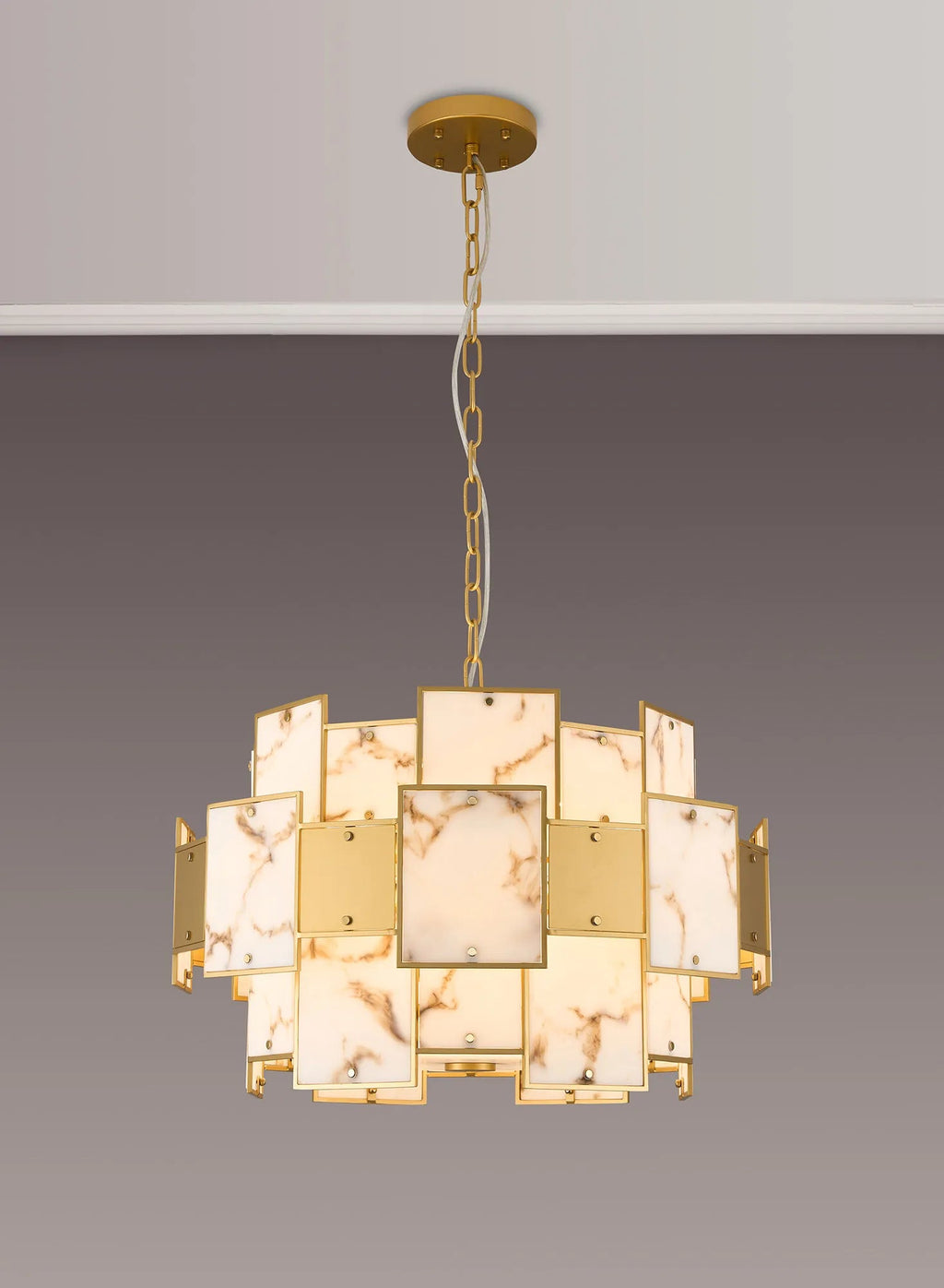Luminosity Designs Ltd - Bardot 59cm Round Pendant/Semi Flush Faux Alabaster With Metal Panel Art Deco Style Light, 12 x E14, 1.5m Chain - Luminosity Designs Ltd