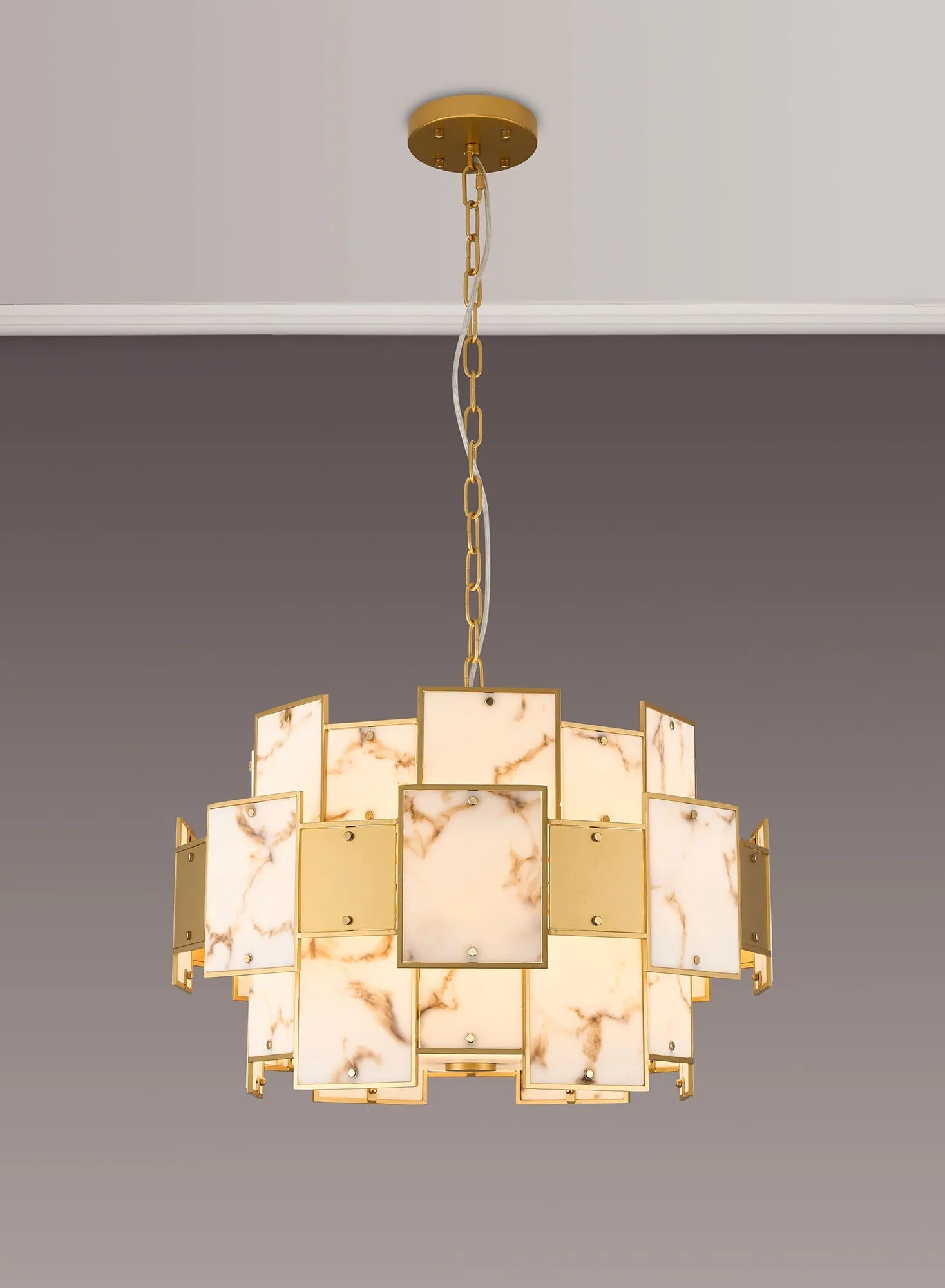 Luminosity Designs Ltd - Bardot 59cm Round Pendant/Semi Flush Faux Alabaster With Metal Panel Art Deco Style Light, 12 x E14, 1.5m Chain - Luminosity Designs Ltd