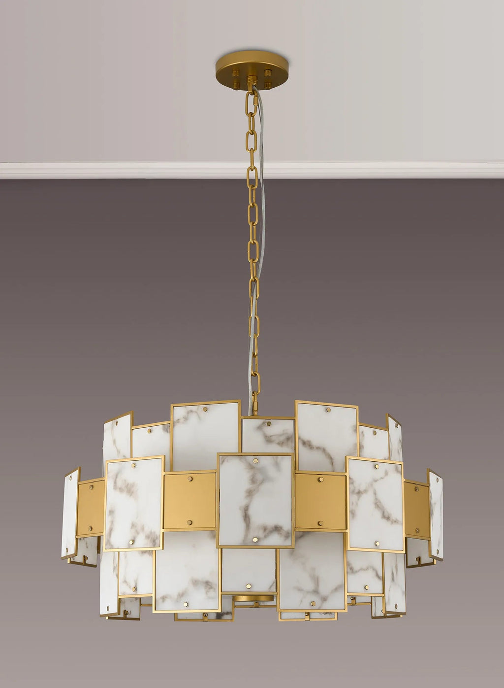 Luminosity Designs Ltd - Bardot 74cm Round Pendant/Semi Flush Faux Alabaster With Metal Plates Art Deco Style Light, 17 x E14, 2m Chain - Luminosity Designs Ltd