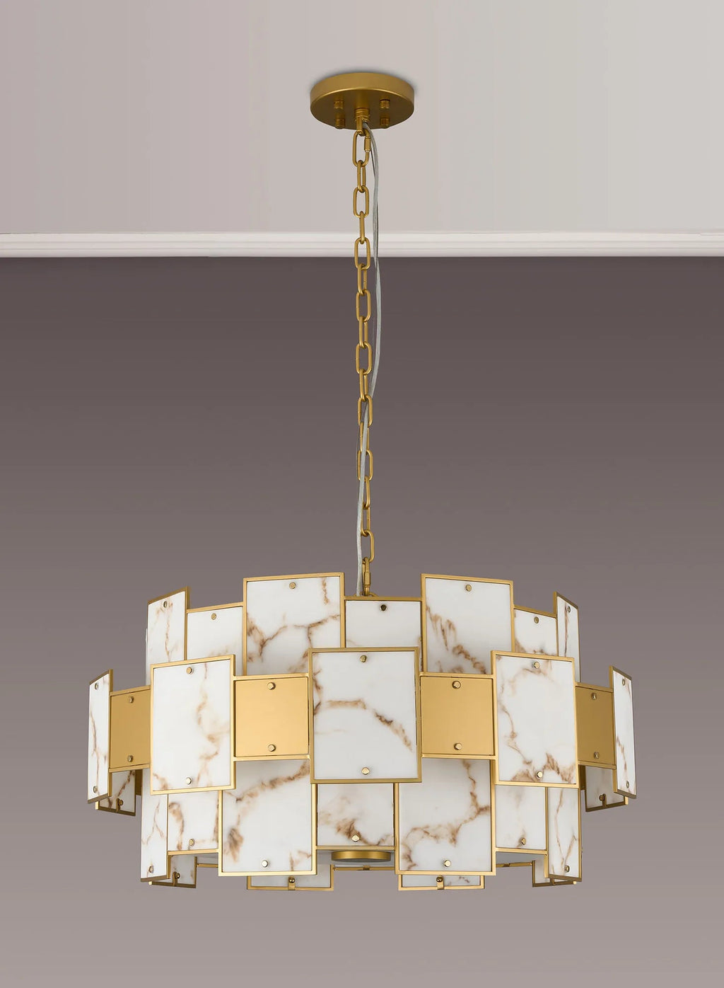Luminosity Designs Ltd - Bardot 74cm Round Pendant/Semi Flush Faux Alabaster With Metal Plates Art Deco Style Light, 17 x E14, 2m Chain - Luminosity Designs Ltd