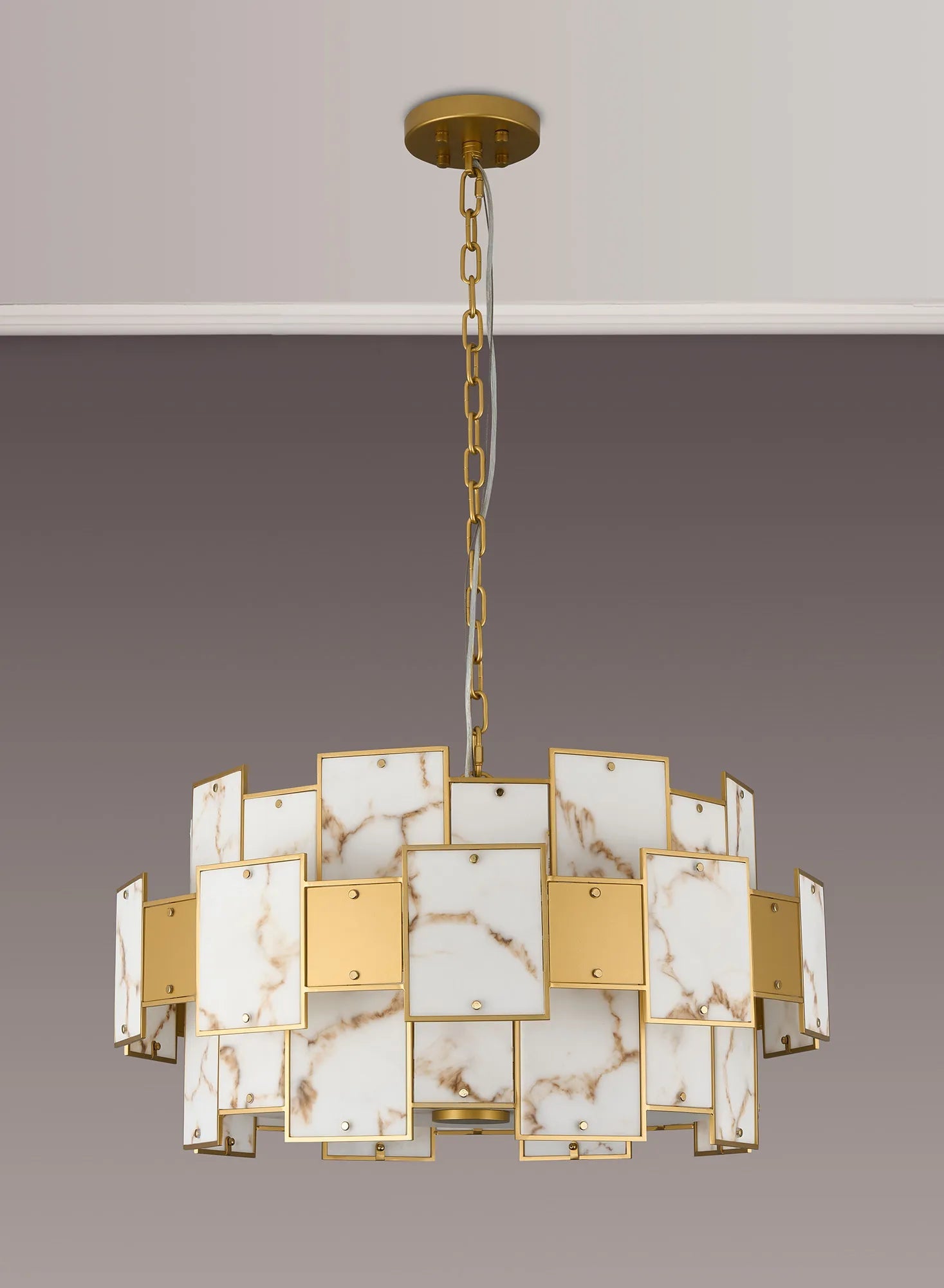 Luminosity Designs Ltd - Bardot 74cm Round Pendant/Semi Flush Faux Alabaster With Metal Plates Art Deco Style Light, 17 x E14, 2m Chain - Luminosity Designs Ltd