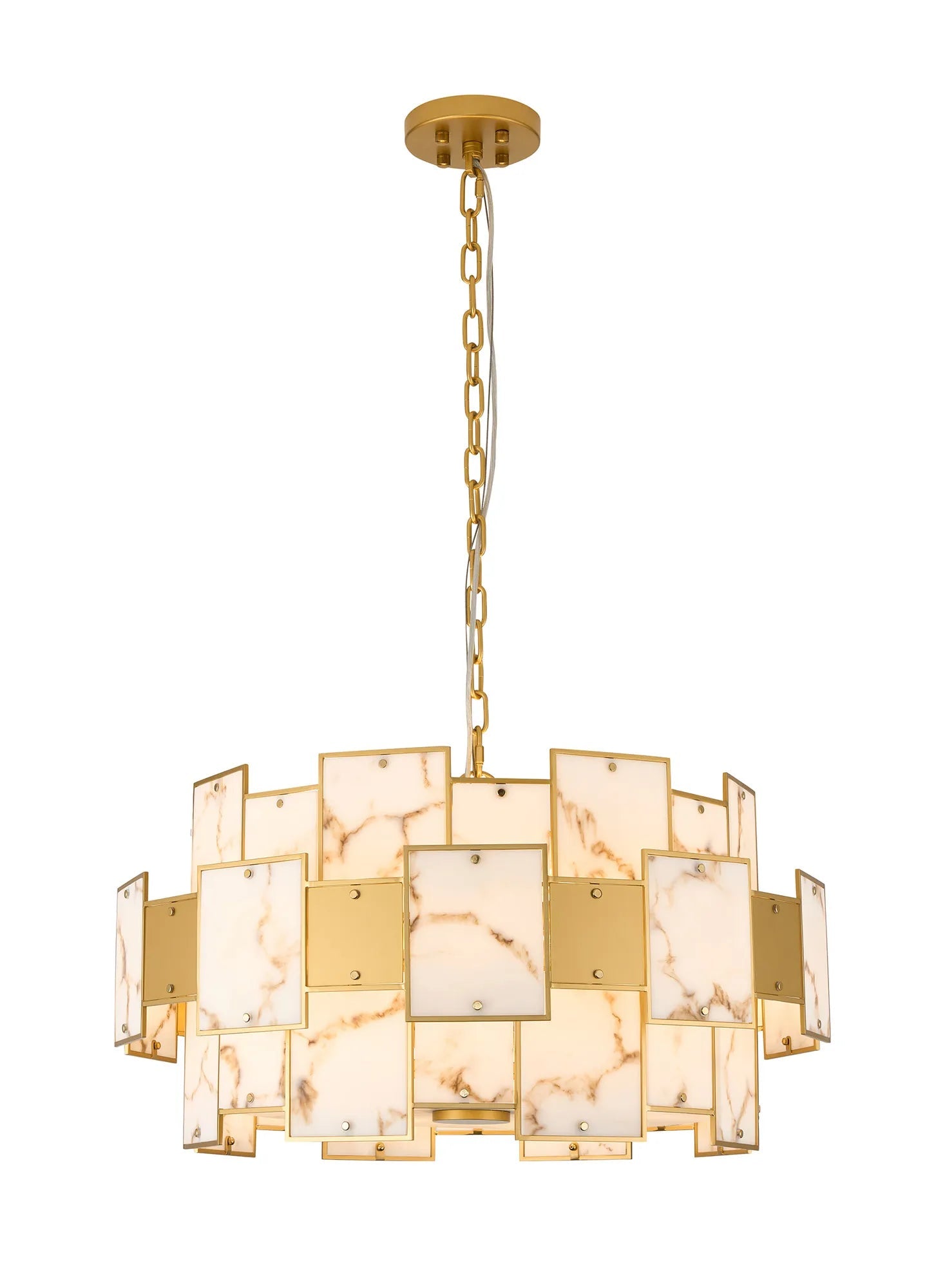 Luminosity Designs Ltd - Bardot 74cm Round Pendant/Semi Flush Faux Alabaster With Metal Plates Art Deco Style Light, 17 x E14, 2m Chain - Luminosity Designs Ltd