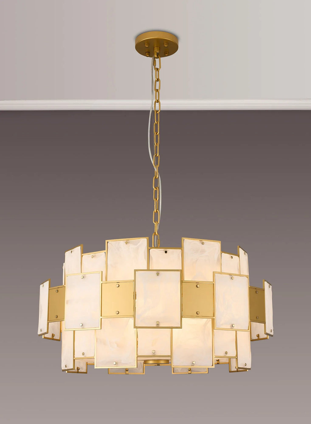 Luminosity Designs Ltd - Bardot 74cm Round Pendant/Semi Flush Faux Alabaster With Metal Plates Art Deco Style Light, 17 x E14, 2m Chain - Luminosity Designs Ltd