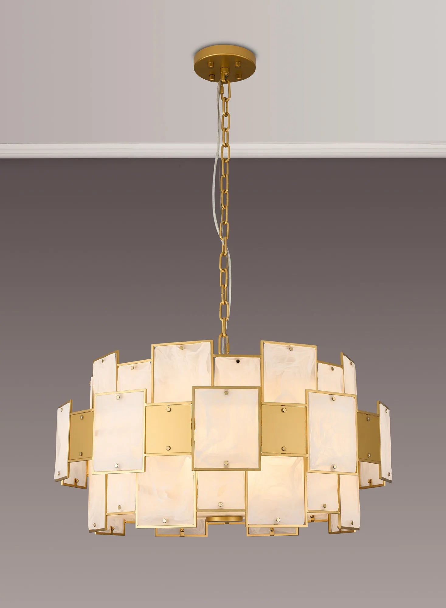Luminosity Designs Ltd - Bardot 74cm Round Pendant/Semi Flush Faux Alabaster With Metal Plates Art Deco Style Light, 17 x E14, 2m Chain - Luminosity Designs Ltd