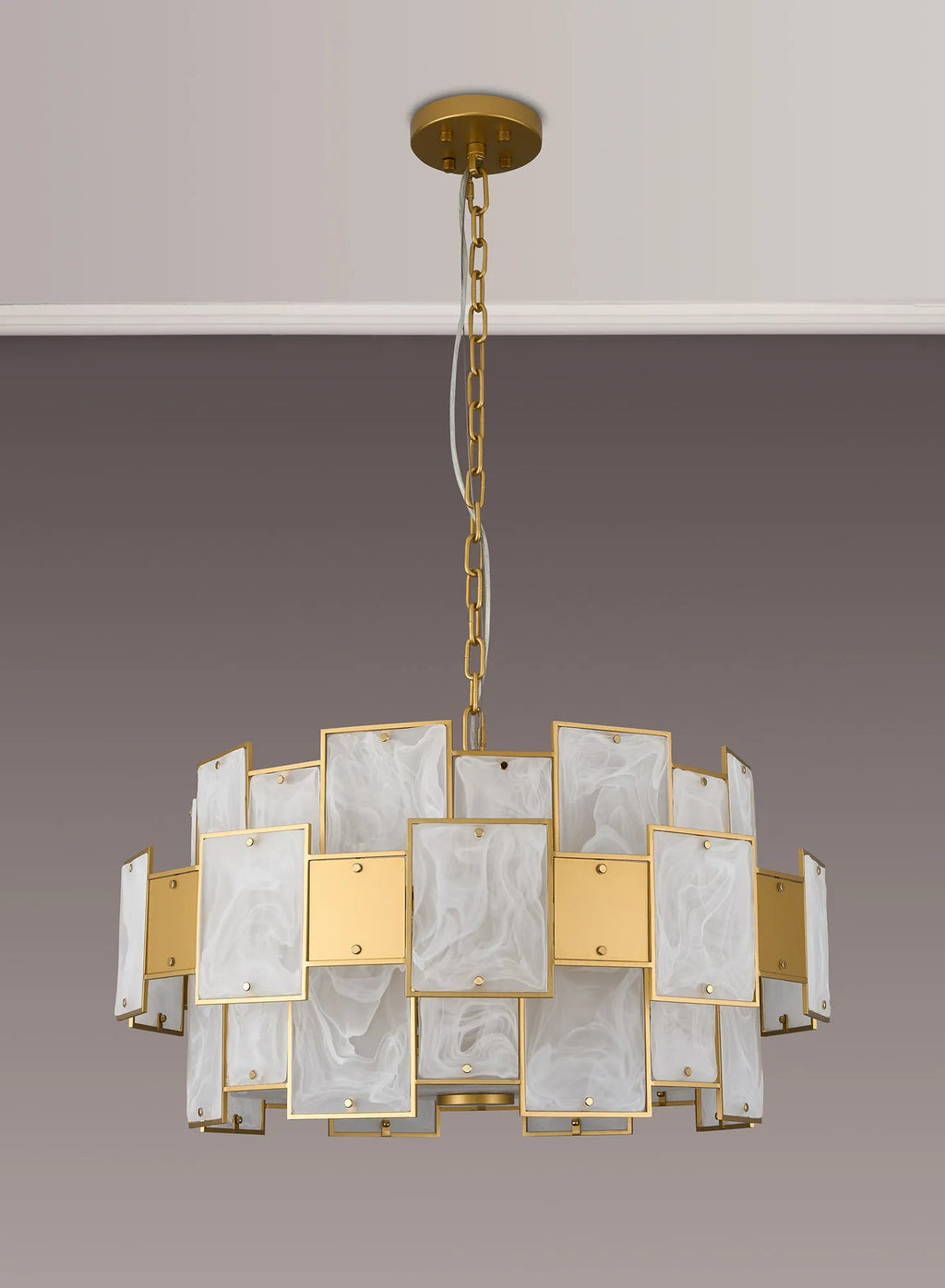 Luminosity Designs Ltd - Bardot 74cm Round Pendant/Semi Flush Faux Alabaster With Metal Plates Art Deco Style Light, 17 x E14, 2m Chain - Luminosity Designs Ltd