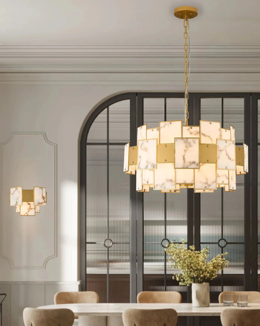 Luminosity Designs Ltd - Bardot 74cm Round Pendant/Semi Flush Faux Alabaster With Metal Plates Art Deco Style Light, 17 x E14, 2m Chain - Luminosity Designs Ltd